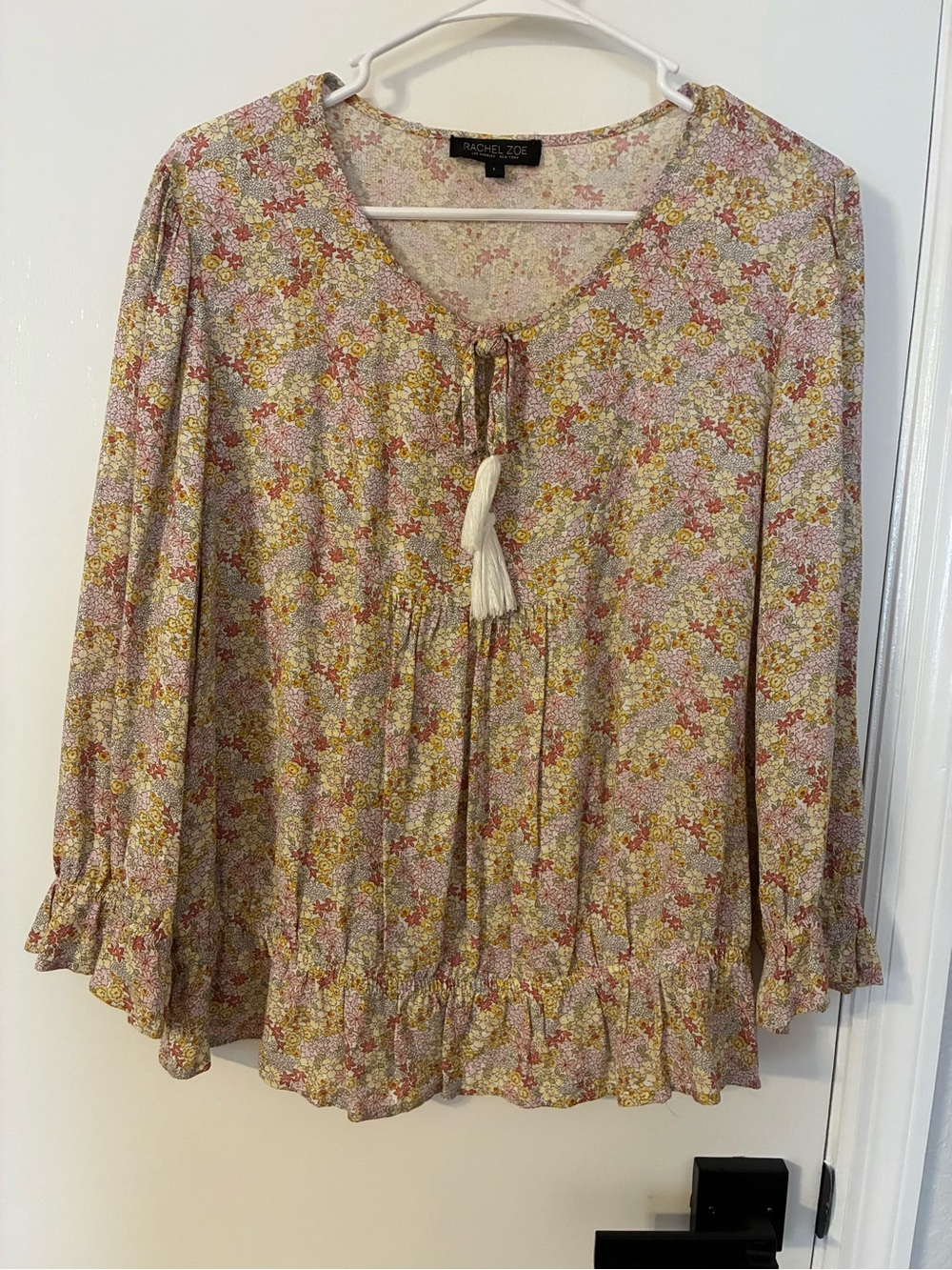 Rachel Zoe Women's Floral Tassel Peasant Top in Pink and Yellow Tones